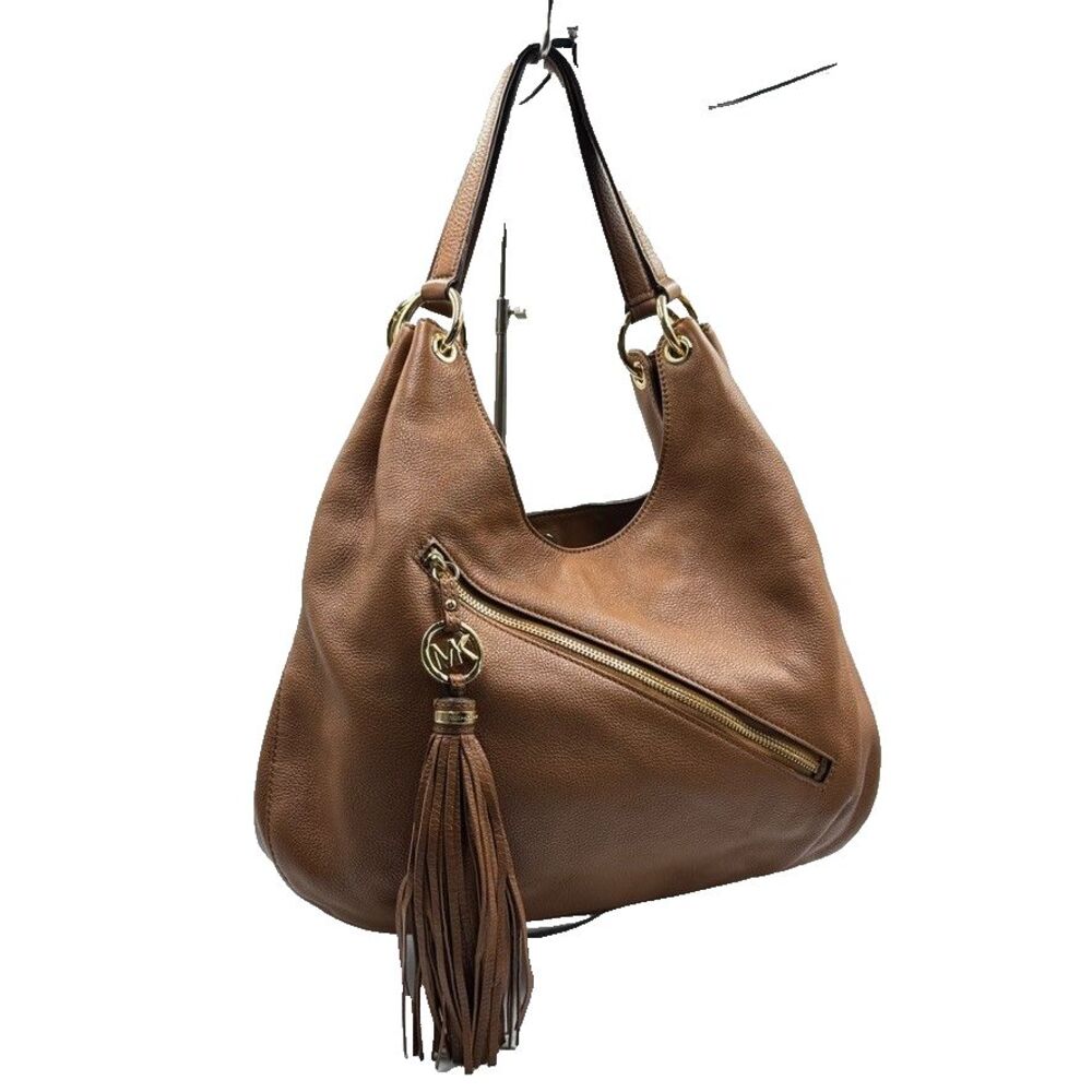 Michael Kors Brown Pebbled Leather Shoulder Hobo Bag Large Purse Tassel - Picture 3 of 16